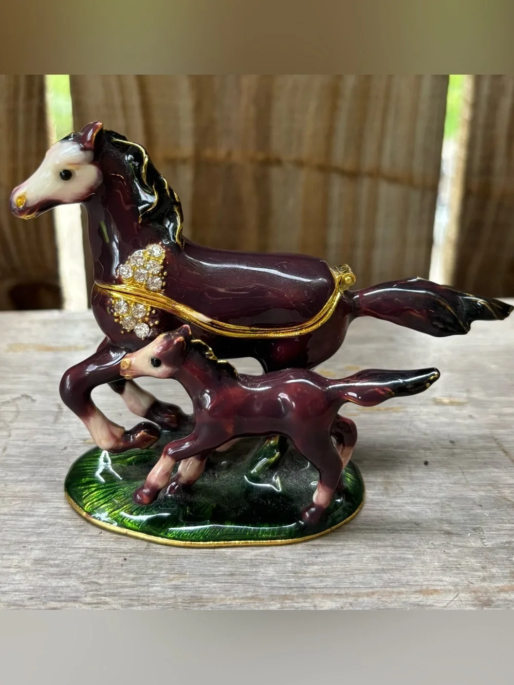 Mare & Foal Hand Painted Enameled Hinged Trinket Box with Crystal Accents 3”H